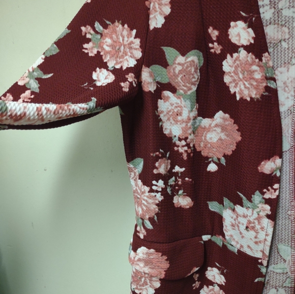 Cute Floral Burgundy Open Front Blazer Jacket Size XL - Picture 7 of 11